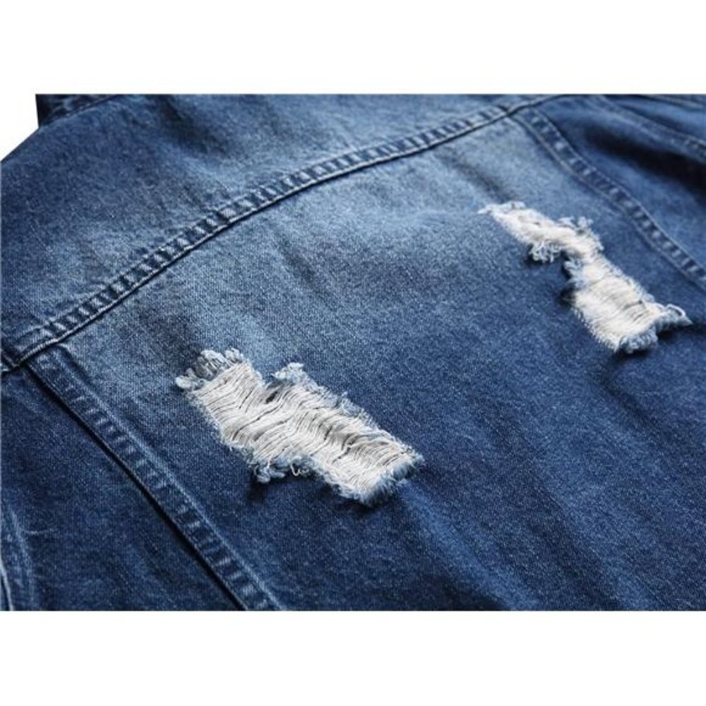 Dark Blue Distressed Jean Jacket Ripped Acid Wash Slim‎ Denim Trucker Jacket - Picture 6 of 7